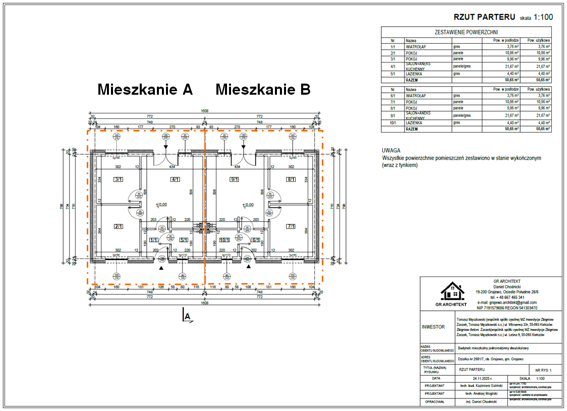 Rzut parteru 50,65 m2 — Mieszkanie A i B